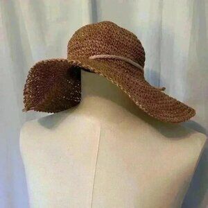 Floppy Woven Brown Hat With Braided White Cord Accent. 4” Brim. 8” Head Opening